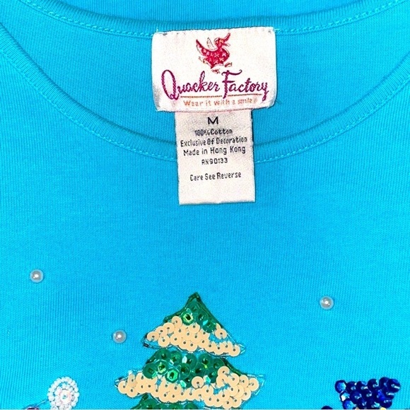 Beaded & Sequined Front & Back Snowman Turquoise Cotton Long Sleeve Tee Size Med - Picture 4 of 7